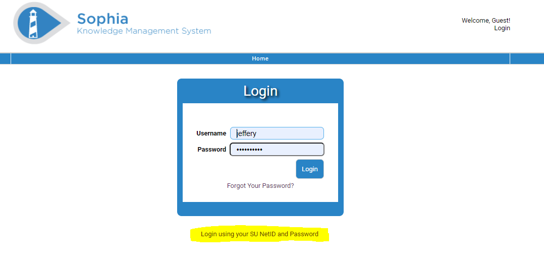 Screenshot of the Sophia Knowledge Management System login page with fields for username and password, a Login button, a "Forgot Your Password?" link, and a highlighted note instructing users to log in using their SU NetID and password.