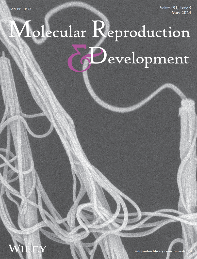 Cover of the May 2024 issue of Molecular Reproduction and Development, featuring a grayscale microscopy image of sperm cells with long flagella.