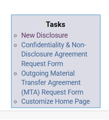 Screenshot of the Sophia Knowledge Management System Tasks menu showing links to New Disclosure, Confidentiality & Non-Disclosure Agreement Request Form, Outgoing Material Transfer Agreement (MTA) Request Form, and Customize Home Page.
